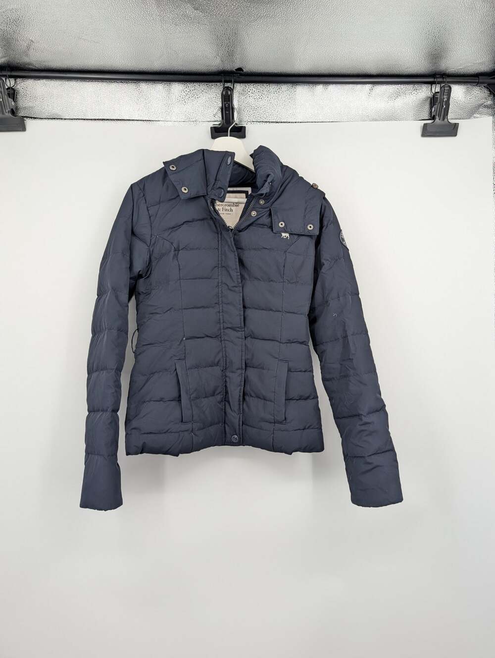 Abercrombie & Fitch Down Hooded Jacket Small Navy Blue Zip Warm Moose Outdoors**